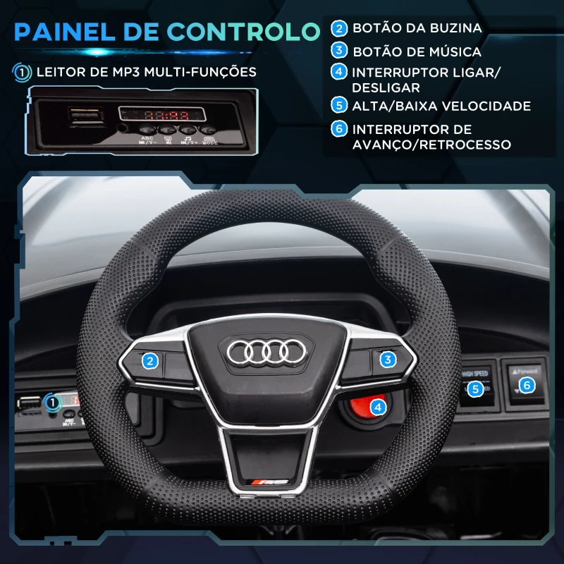 HOMCOM Carro Elétrico AUDI RS E-Tron GT 12V com 2 Motores Faróis LED Buzina Música USB 3-5km/h 103x58x41cm Preto