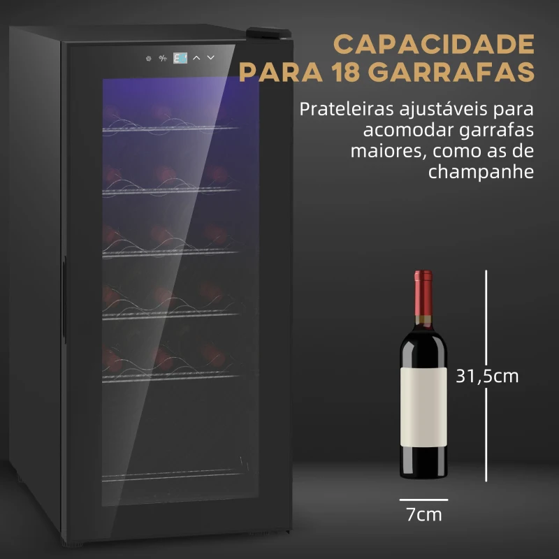 HOMCOM Cave de Vinho 18 Garrafas com Luz LED Ecrã Tátil Digital Controlo de Temperatura Porta de Vidro e 5 Prateleiras Preto