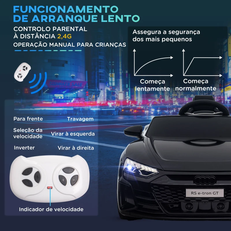 HOMCOM Carro Elétrico AUDI RS E-Tron GT 12V com 2 Motores Faróis LED Buzina Música USB 3-5km/h 103x58x41cm Preto