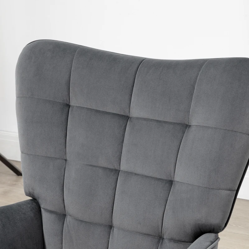 HOMCOM Fotoliu Tapițat pentru Interior cu Brațe și Taburet Integrat, Fotoliu pentru Sufragerie din Țesătură cu Efect de Catifea, 73x77.5x98 cm, Gri Închis