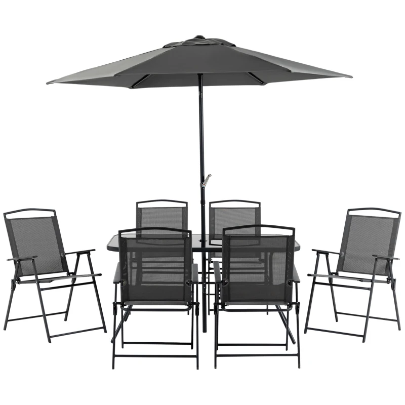 Outsunny Conjunto de Muebles de Jardín 8 Piezas con 6 Sillas Plegables Mesa de Comedor de Vidrio y Sombrilla Inclinable con Manivela Protección del Sol para Terraza Exterior Negro