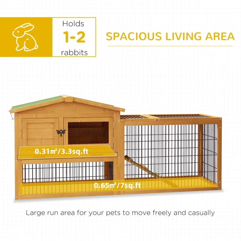 PawHut Wooden Rabbit Hutch 150 x 52.5 x 68cm with Run & Slide-Out Tray - Yellow