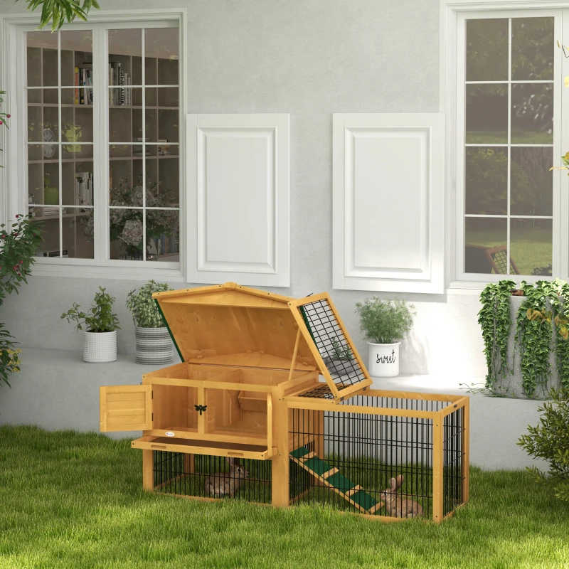 PawHut Wooden Rabbit Hutch 150 x 52.5 x 68cm with Run & Slide-Out Tray - Yellow