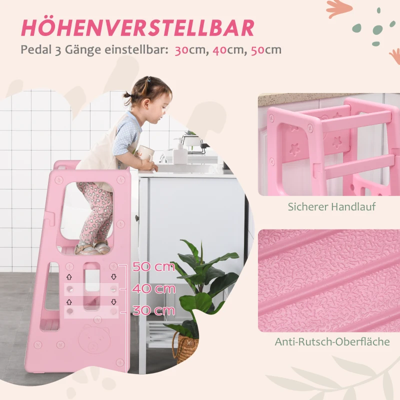 HOMCOM Wieża Montessori dla dzieci, Taboret z uchwytami, Regulowana wysokość, Pomoc kuchenna dla dzieci w wieku od 1,5 do 5 lat, HDPE, Różowy, 47 x 47 x 90 cm