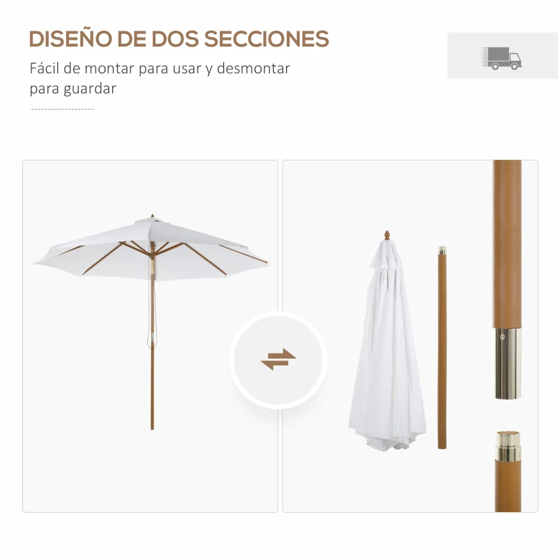 Outsunny Sombrilla Parasol de Madera Grande Ø300x250cm para Exterior Jardín Patio Altura Ajustable en 3 Niveles Desmontable Portátil Fácil de Guardar y Transportar Color Marfil