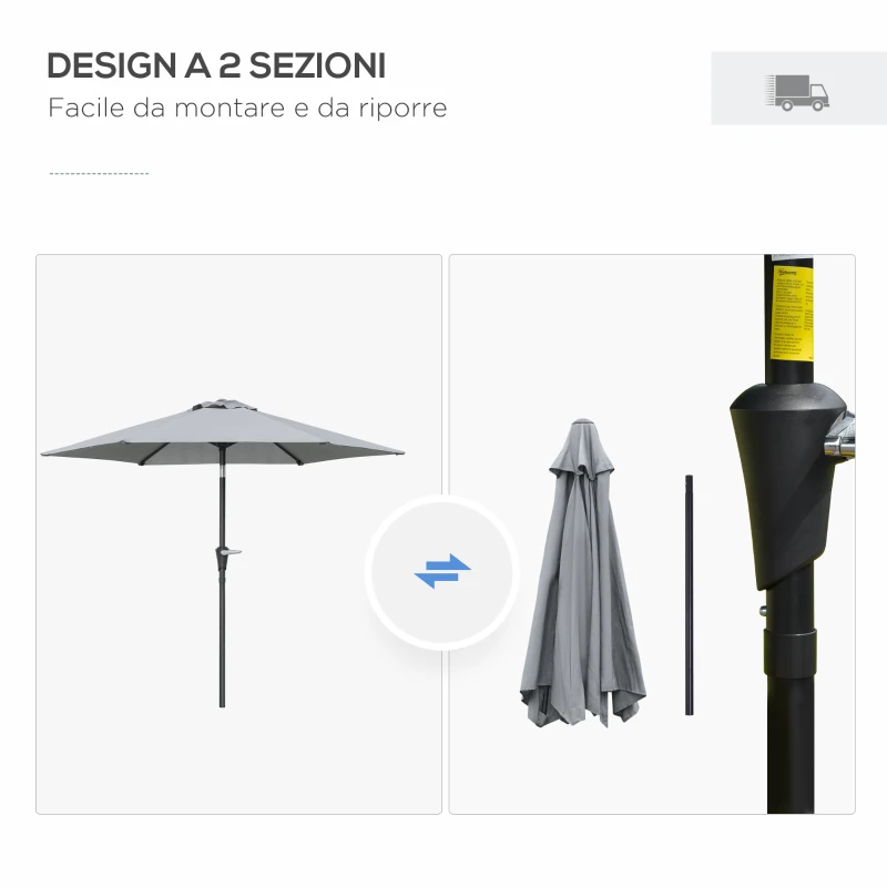 Outsunny Ombrellone da Giardino Inclinabile 2.3x2m con Apertura a Manovella e 6 Stecche, Grigio