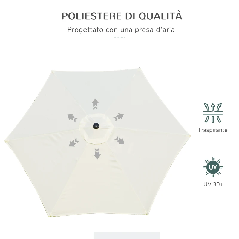 Outsunny Ombrellone da Giardino 2.6x2.5 m Anti UV Protezione 30+ con Testa Inclinabile, Palo in Alluminio e 6 Stecche, Bianco Crema