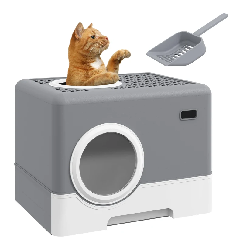 PawHut Katzentoilette Katzenklo, 2 Ausgänge, herausnehmbare Bodenwanne, 52 x 41 x 38, 5 cm, Grau(m-10)