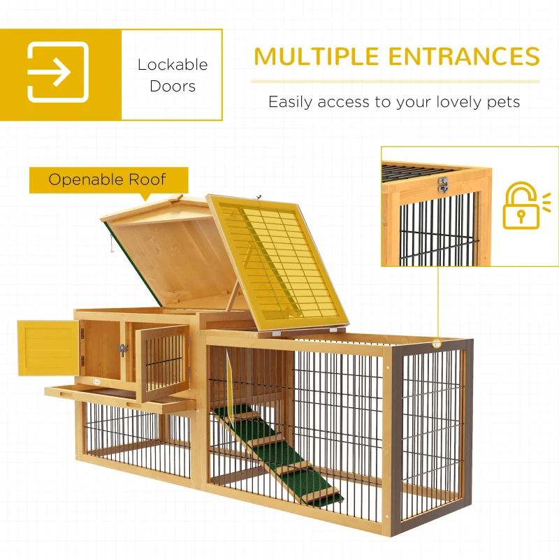 PawHut Wooden Rabbit Hutch 150 x 52.5 x 68cm with Run & Slide-Out Tray - Yellow