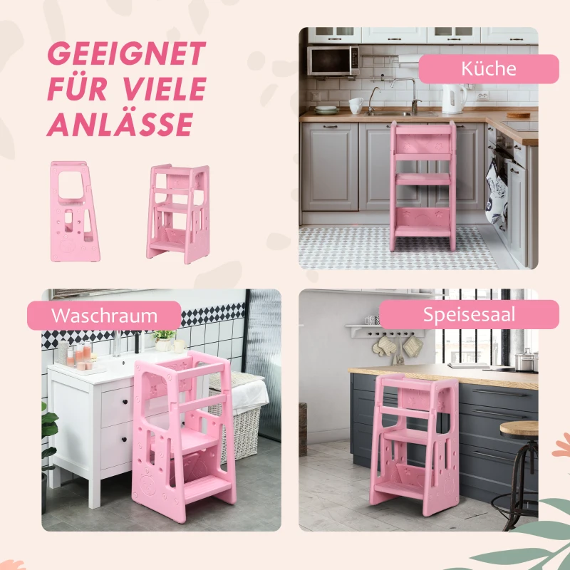 HOMCOM Wieża Montessori dla dzieci, Taboret z uchwytami, Regulowana wysokość, Pomoc kuchenna dla dzieci w wieku od 1,5 do 5 lat, HDPE, Różowy, 47 x 47 x 90 cm