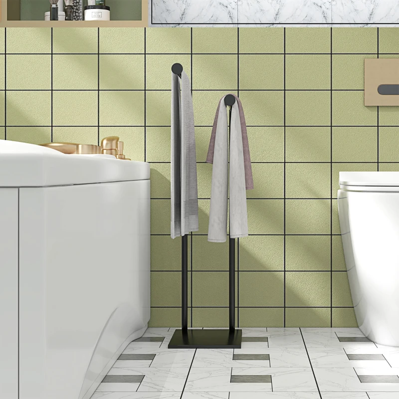 HOMCOM Toallero de Pie con 2 Barras y Marco Metálico Toallero de Baño Moderno en Forma de L 35,5x20x78 cm Negro