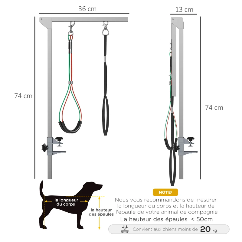 PawHut Bras de toilettage pliable pour animaux de compagnie en acier inoxydable avec collier de serrage pour chiens de grande et petite taille hauteur réglable max. 74 cm