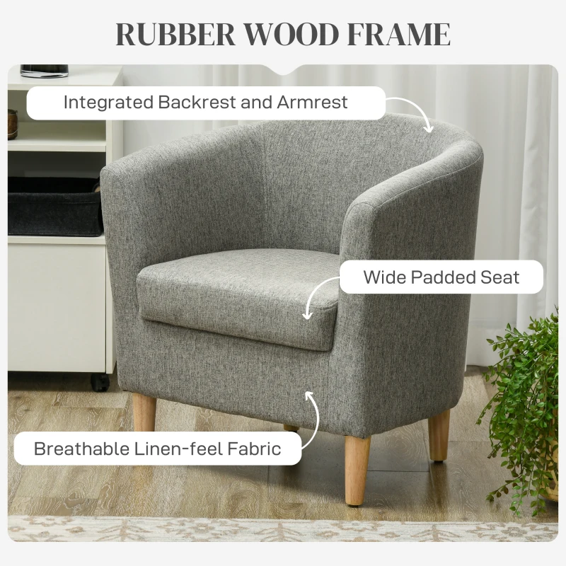 HOMCOM Fotoliu Modern, Scaun Accent Tapițat cu Picioare din Lemn, Scaun din Material Textil, 74x63x73 cm, Gri
