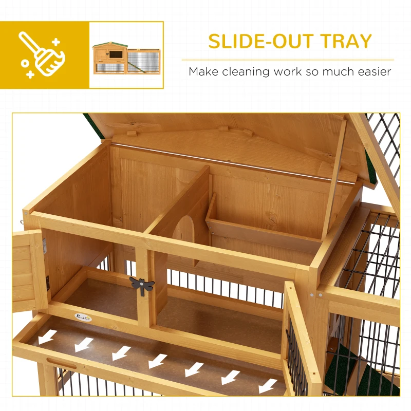 PawHut Wooden Rabbit Hutch 150 x 52.5 x 68cm with Run & Slide-Out Tray - Yellow
