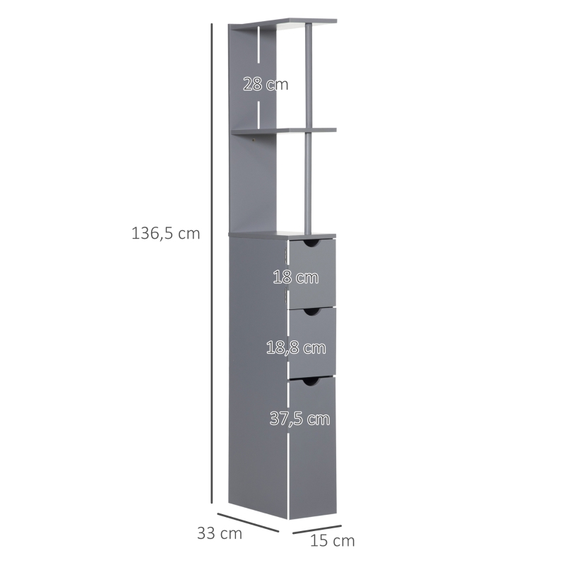 HOMCOM Coluna Casa de Banho Armário Compacto Casa de Banho Móvel Auxiliar com 2 Prateleiras 2 Gavetas 15x33x136,5 cm Cinza