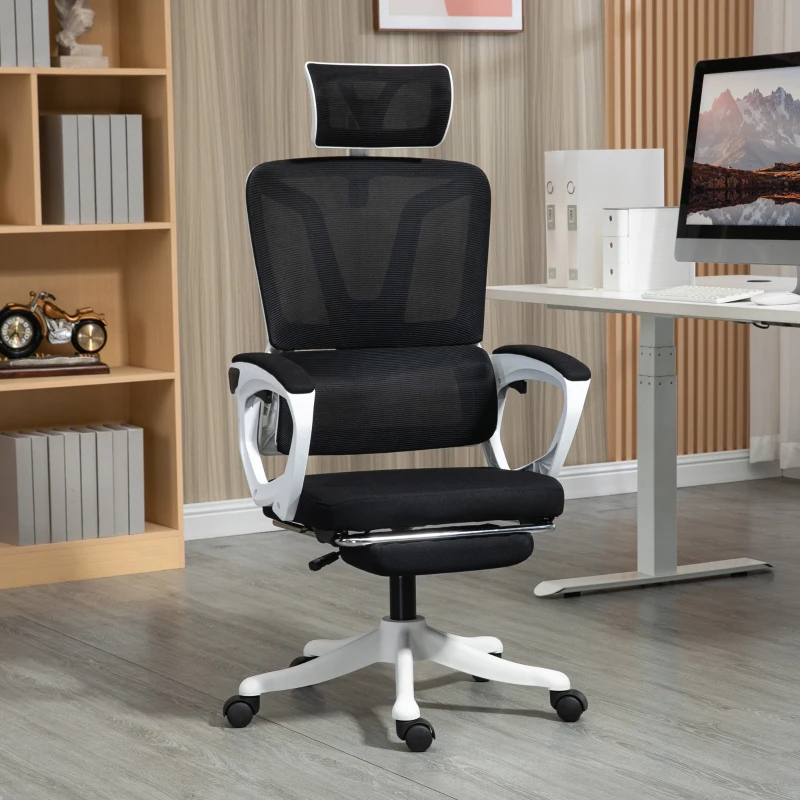 Vinsetto Ergonomic Office Chair, High Back Desk Chair, Reclining Mesh Computer Chair with Adjustable Headrest, Lumbar Support, Foot Rest, Swivel Wheels, Adjustable Height, Black