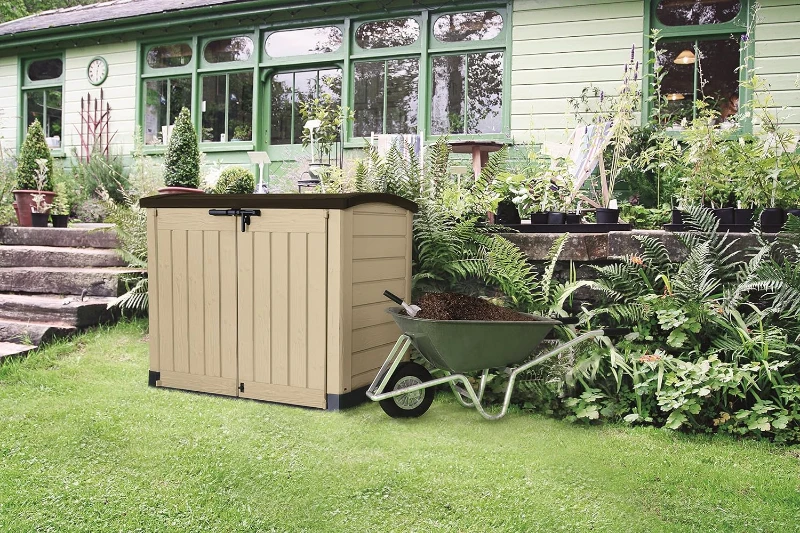 Keter Porta Attrezzi da Giardino Store-It-Out Arc, 1200L, Effetto Legno, Beige, 145,5x82x125H cm