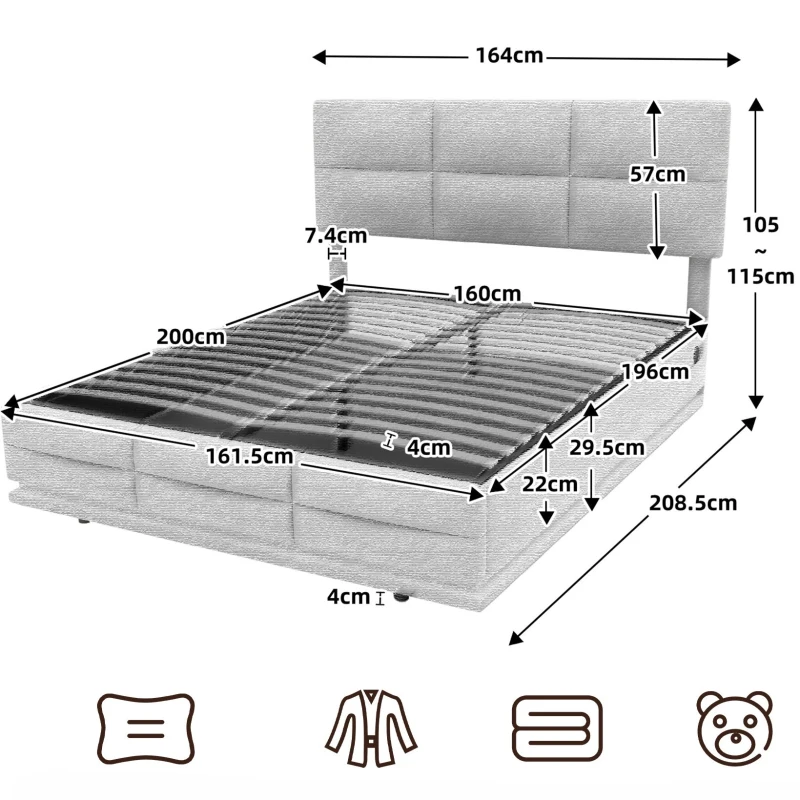 Doppelbett mit Stauraum, LED-Beleuchtung, USB-Ladegerät, 160x200 cm, Samtstoff, Modernes Bett für Familie, Beige