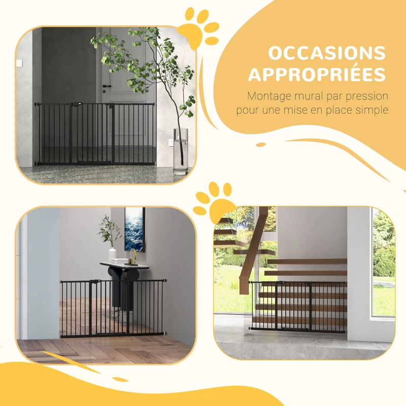 PawHut Lot de 2 barrières de sécurité animaux porte fermeture automatique système de double verrouillage sans perçage noir