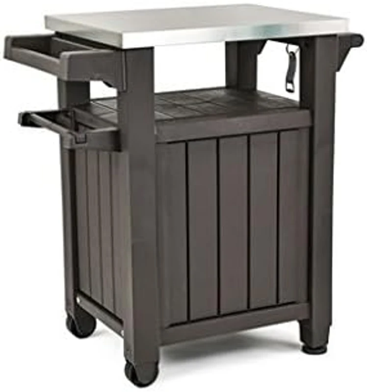 Keter Mobile Supporto Barbecue Unity, 105L, Ripiano in Acciaio, Effetto Legno, 70x54x90H cm