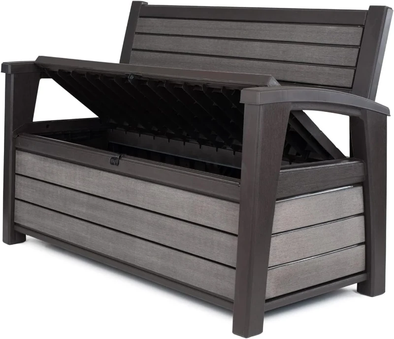 Keter Panchina Contenitore da Giardino Hudson, 227L, Effetto Legno Spazzolato, Grafite, 132,7x61,2x89H cm