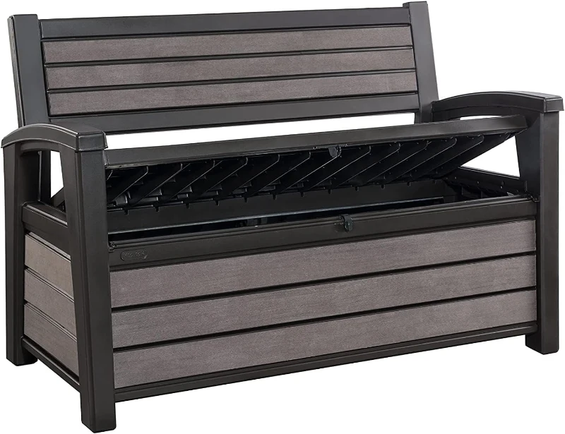 Keter Panchina Contenitore da Giardino Hudson, 227L, Effetto Legno Spazzolato, Grafite, 132,7x61,2x89H cm