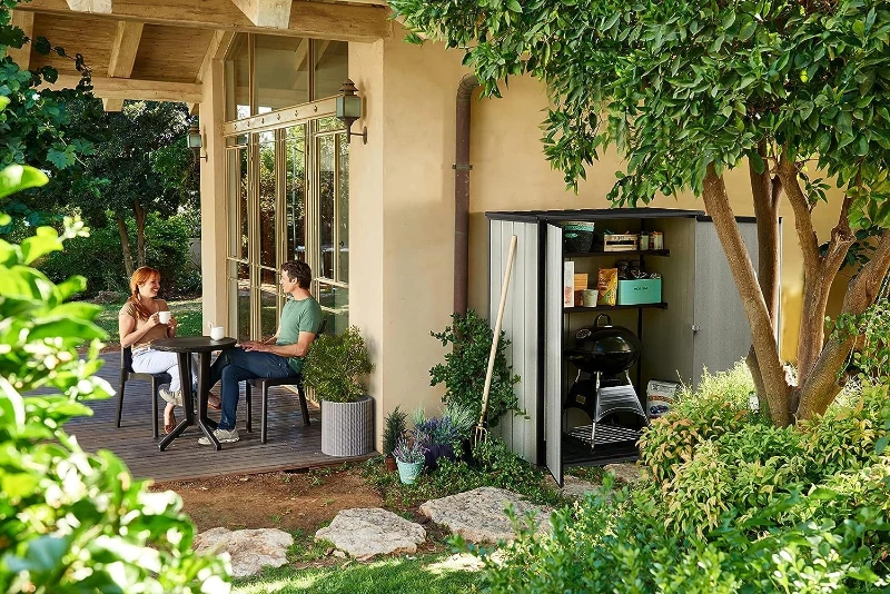 Keter Porta Attrezzi da Giardino High Store+, 1400L, Effetto Legno Spazzolato, Grigio, 140x73,6x170,4H cm