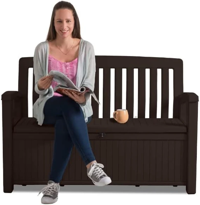 Keter Panchina Contenitore da Giardino Patio, 227L, Effetto Legno, Grafite, 132,7x61,2x89H cm