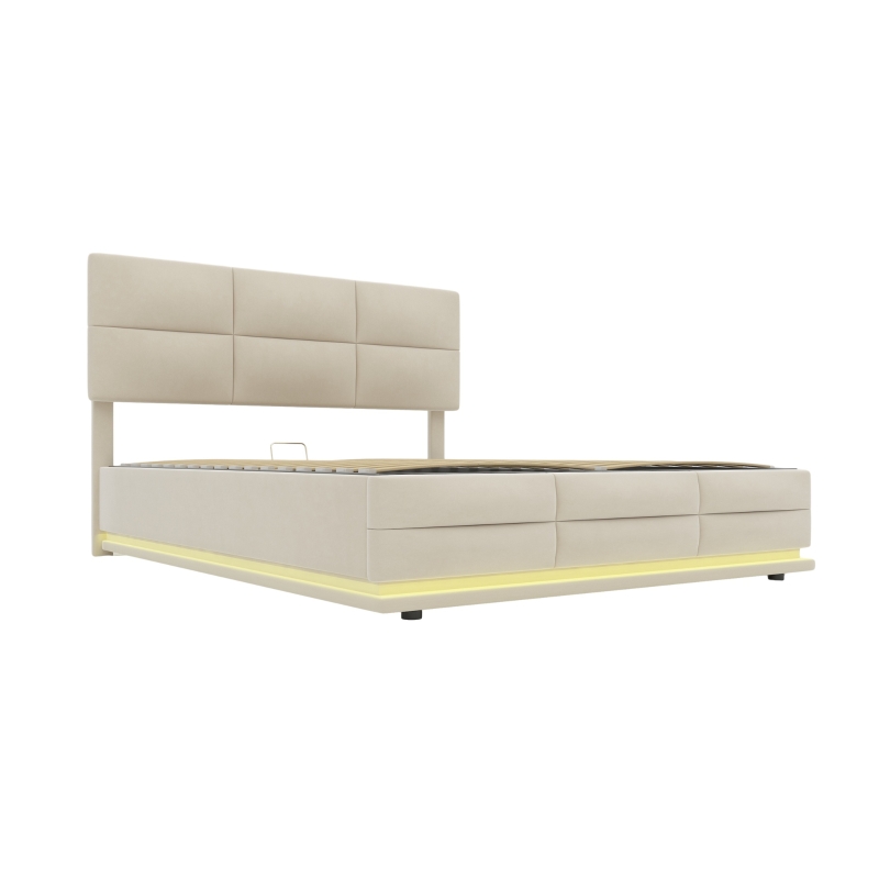 Doppelbett mit Stauraum, LED-Beleuchtung, USB-Ladegerät, 160x200 cm, Samtstoff, Modernes Bett für Familie, Beige