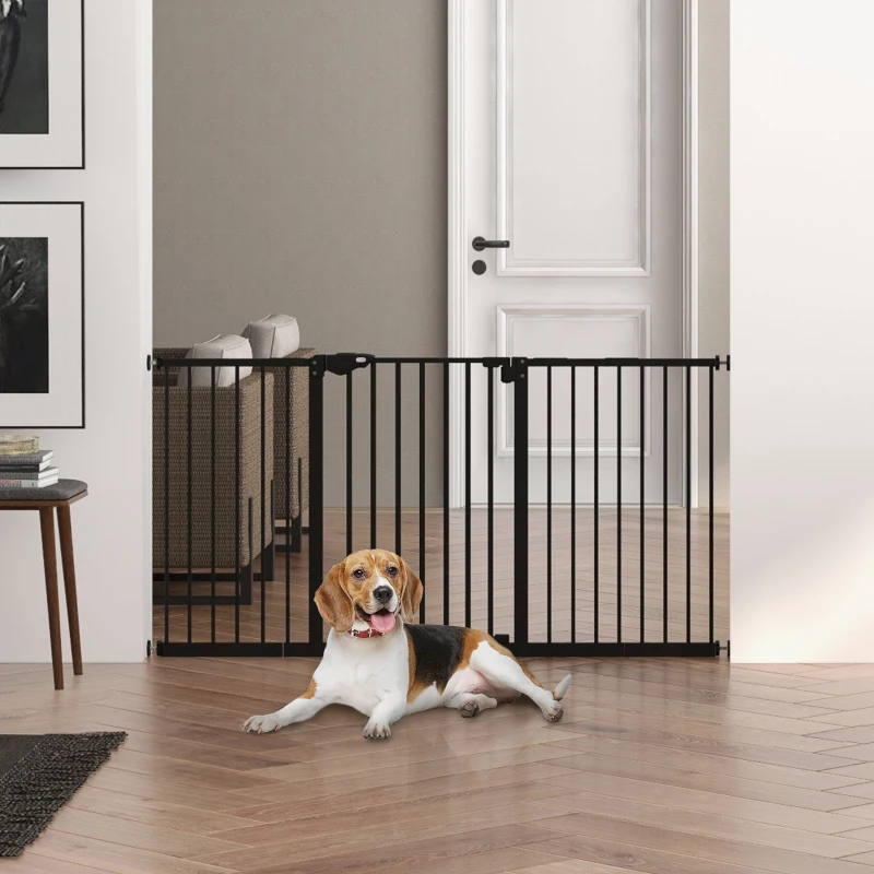 PawHut Lot de 2 barrières de sécurité animaux porte fermeture automatique système de double verrouillage sans perçage noir