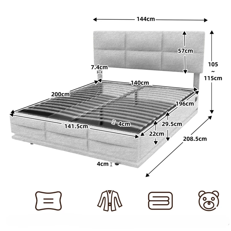 Letto Matrimoniale in Tessuto Vellutato con contenitore, Luci LED e Caricatore USB, 140x200 cm, Grigio