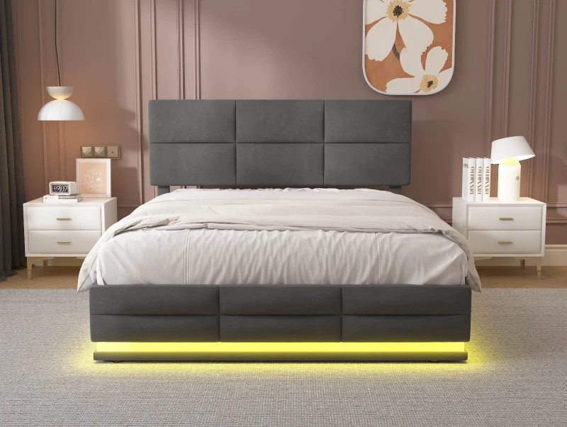 Letto Matrimoniale in Tessuto Vellutato con contenitore, Luci LED e Caricatore USB, 140x200 cm, Grigio