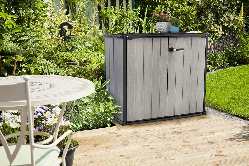 Keter Porta Attrezzi da Giardino Patio Store, 1000L, Effetto Legno Spazzolato, Grigio, 139,5x77x120H cm