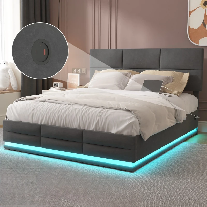 Letto Matrimoniale in Tessuto Vellutato con contenitore, Luci LED e Caricatore USB, 160x200 cm, Grigio