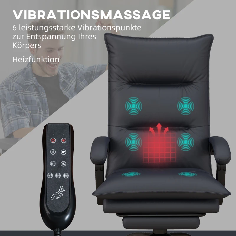 Vinsetto Massage Bureaustoel met Verwarming & Voetensteun, tot 120 kg, Donkergrijs(m-4)