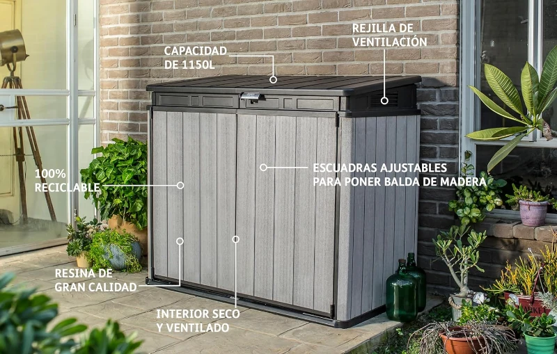 Keter Porta Attrezzi da Giardino Elite Store, 1150L, Effetto Legno Spazzolato, Grigio, 141x82x123,5H cm