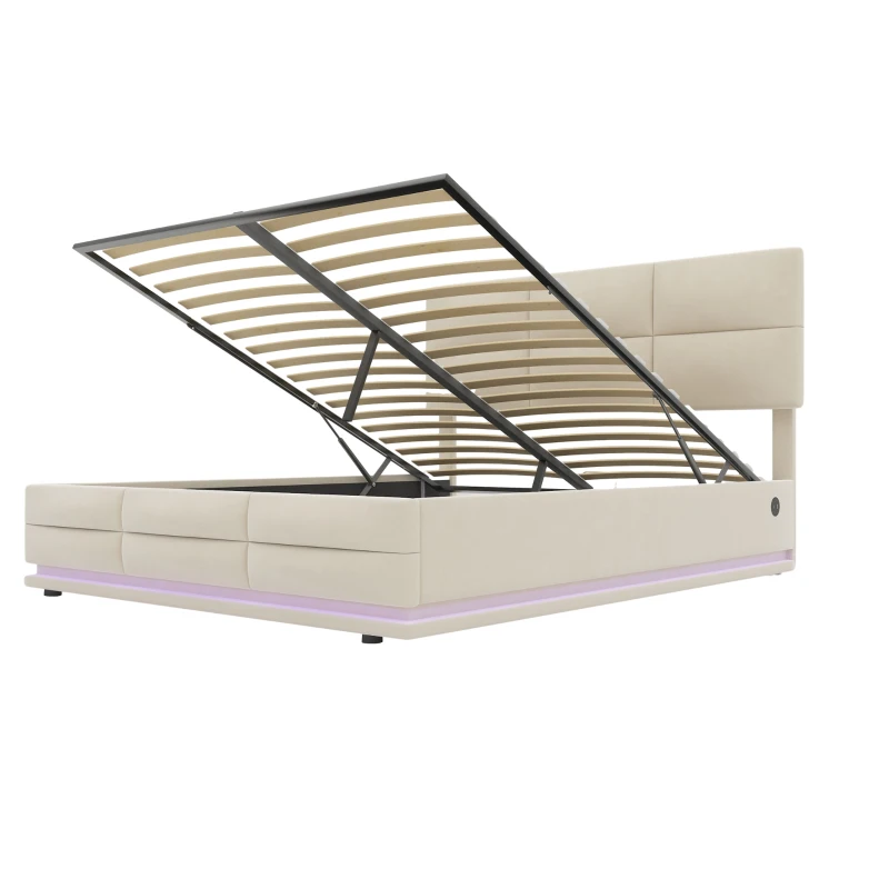 Bett 140x200 mit Bettkasten, LED-Licht, integrierter Stauraum, USB-Ladegerät, Samtstoff, Beige
