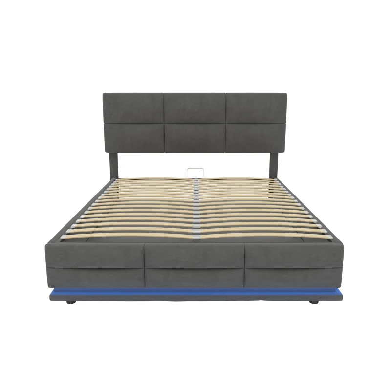 Lit Double avec Rangement et Système Hydraulique, Tissu Velouté, Lumières LED et Chargeur USB, Matelas non inclus, 140x200 cm, Gris