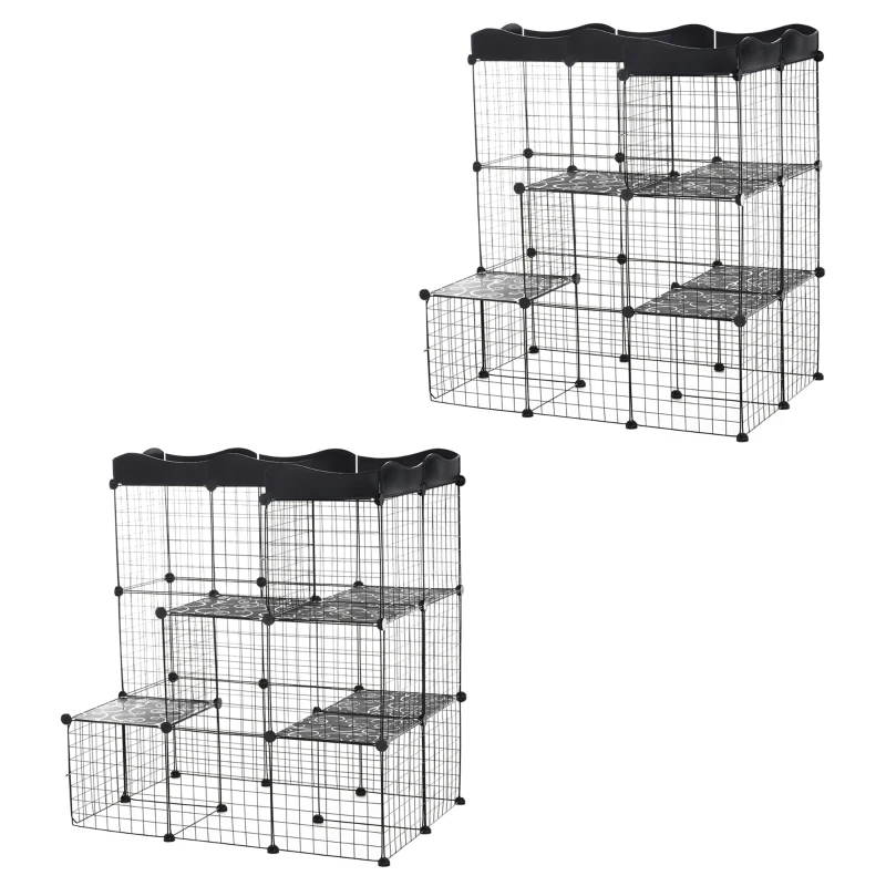 PawHut Lot de 2 cages parc enclos pour petits animaux chats visons modulable 3 niveaux 2 portes rampe fil métallique noir