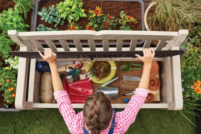 Keter Panchina Contenitore da Giardino Eden, 265L, Effetto Legno, Beige/Marrone, 140x60x84H cm