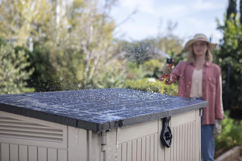 Keter Porta Attrezzi da Giardino Store-It-Out Midi, 880L, Effetto Legno, Beige, 132x71,5x113,5H cm