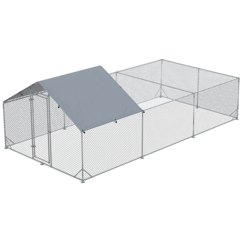 PawHut Cotet de Gaini pentru Gradina pentru 15-18 Gaini, din Otel Zincat si PE cu Copertina si Incuietoare, 600x300x195 cm, Gri Argintiu(m-11)
