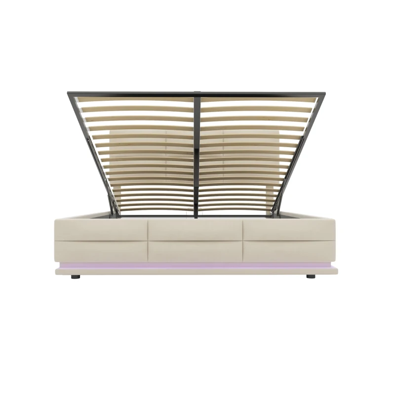 Doppelbett mit Stauraum, LED-Beleuchtung, USB-Ladegerät, 160x200 cm, Samtstoff, Modernes Bett für Familie, Beige