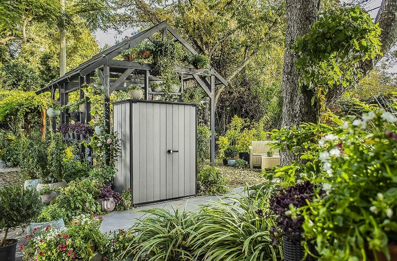 Keter Porta Attrezzi da Giardino High Store+, 1400L, Effetto Legno Spazzolato, Grigio, 140x73,6x170,4H cm