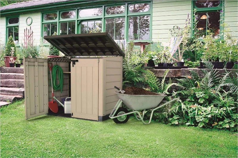 Keter Porta Attrezzi da Giardino Store-It-Out Max, 1200L, Effetto Legno, Beige, 145,5x82x125H cm
