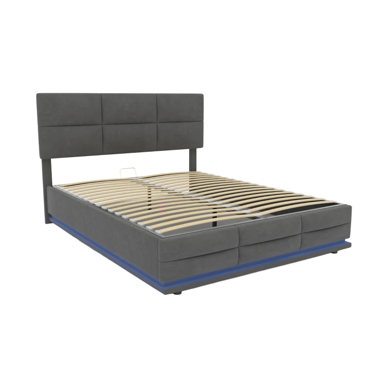 Lit Double avec Rangement et Système Hydraulique, Tissu Velouté, Lumières LED et Chargeur USB, Matelas non inclus, 140x200 cm, Gris