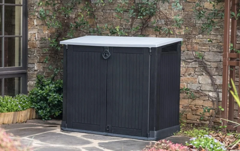 Keter Porta Attrezzi da Giardino Store-It-Out Midi, 880L, Effetto Legno, Nero, 132x71,5x113,5H cm