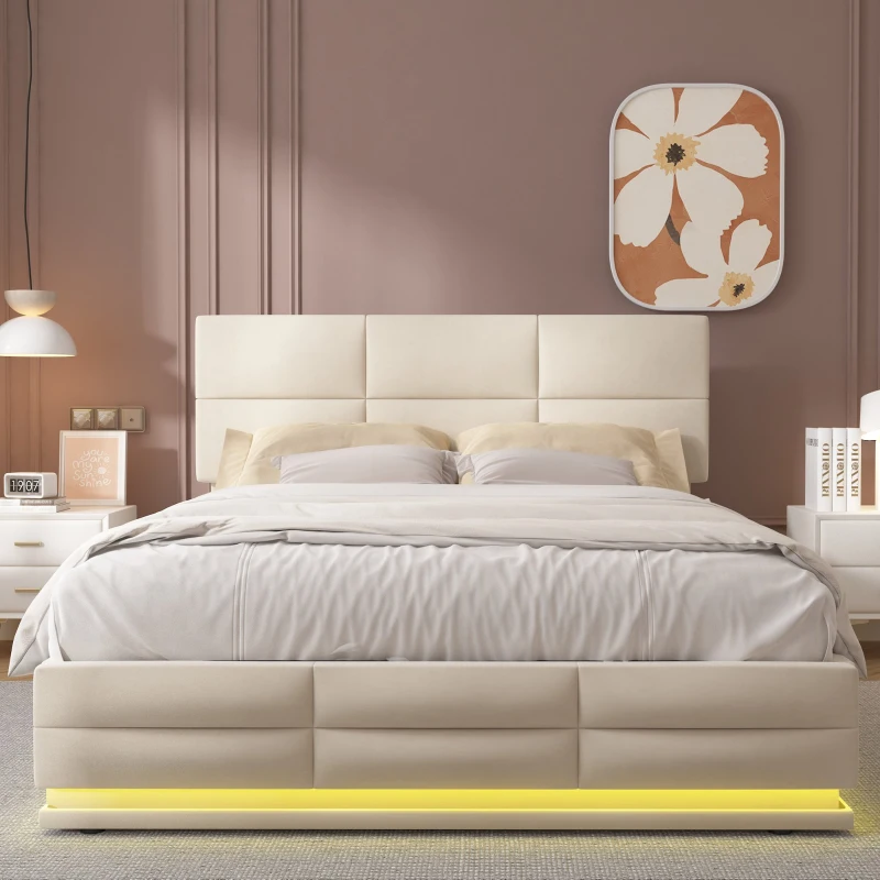 Doppelbett mit Stauraum, LED-Beleuchtung, USB-Ladegerät, 160x200 cm, Samtstoff, Modernes Bett für Familie, Beige