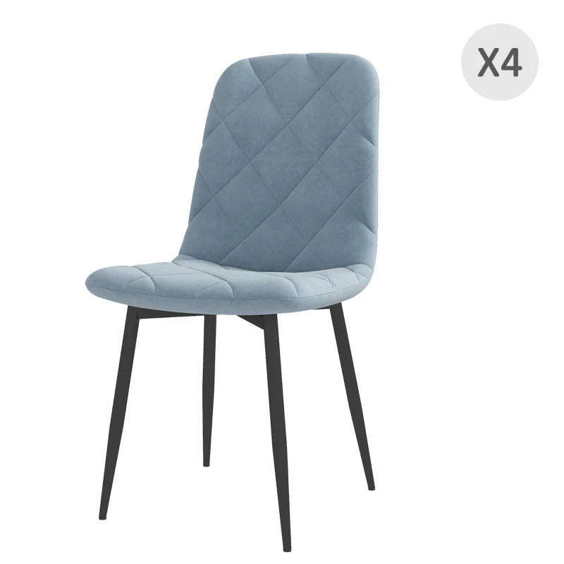 HOMCOM Set 4 Sedie per Cucina Imbottite, in Tessuto Effetto Velluto e Acciaio, 45x54x87 cm, Azzurro