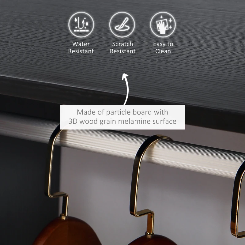 HOMCOM Cuier cu Bară din Aluminiu și 2 Rafturi Deschise, Cuier din PAL, 60x40x128 cm, Negru